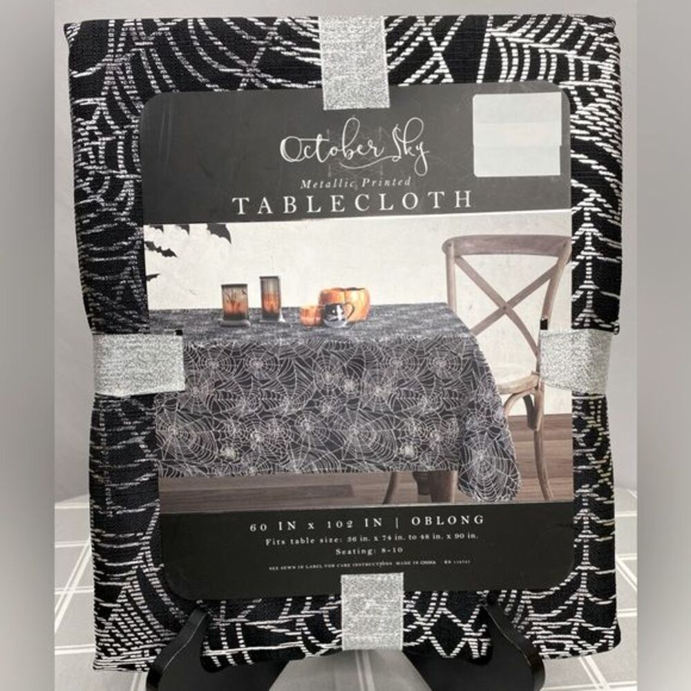 Halloween Tablecloth Silver Metallic Printed Spider Webs Black Fabric 60” x 102”